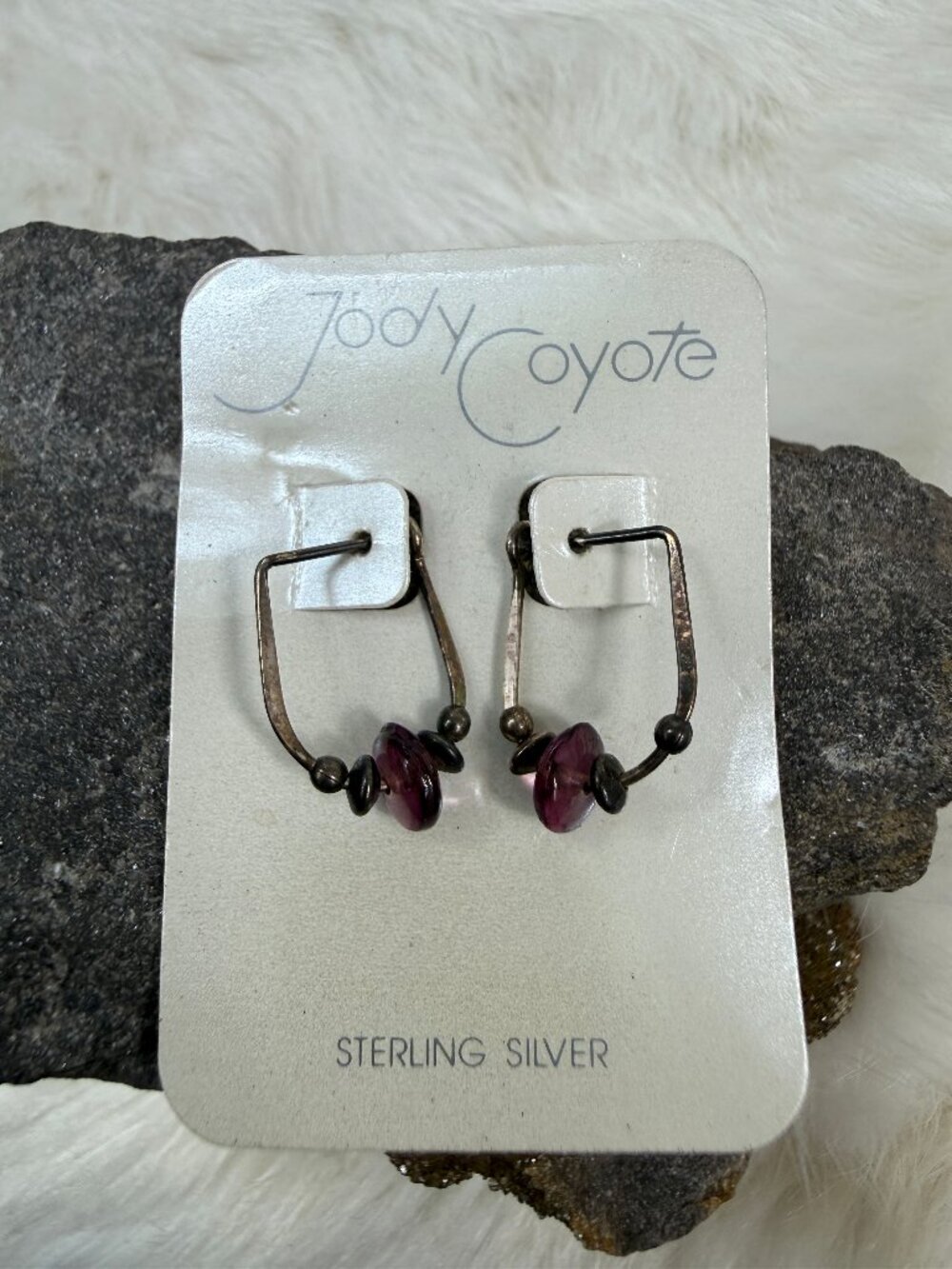 Vintage Sterling Silver & Amethyst Hoop Earrings Jody Coyote .75" drop